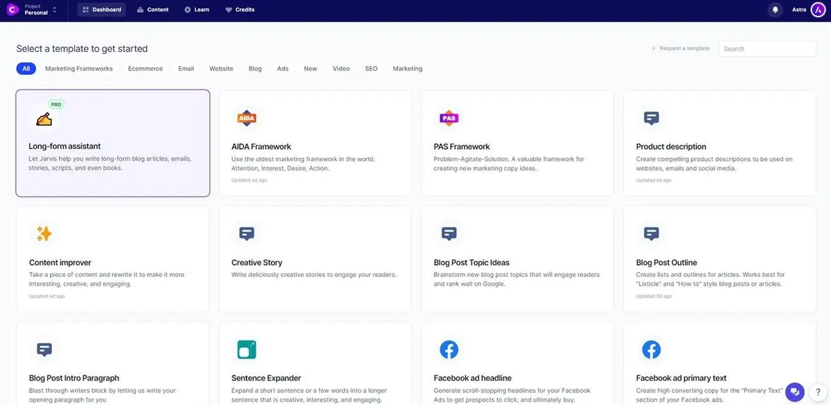 Conversion AI now Jasper.ai - variety of templates for generating new content