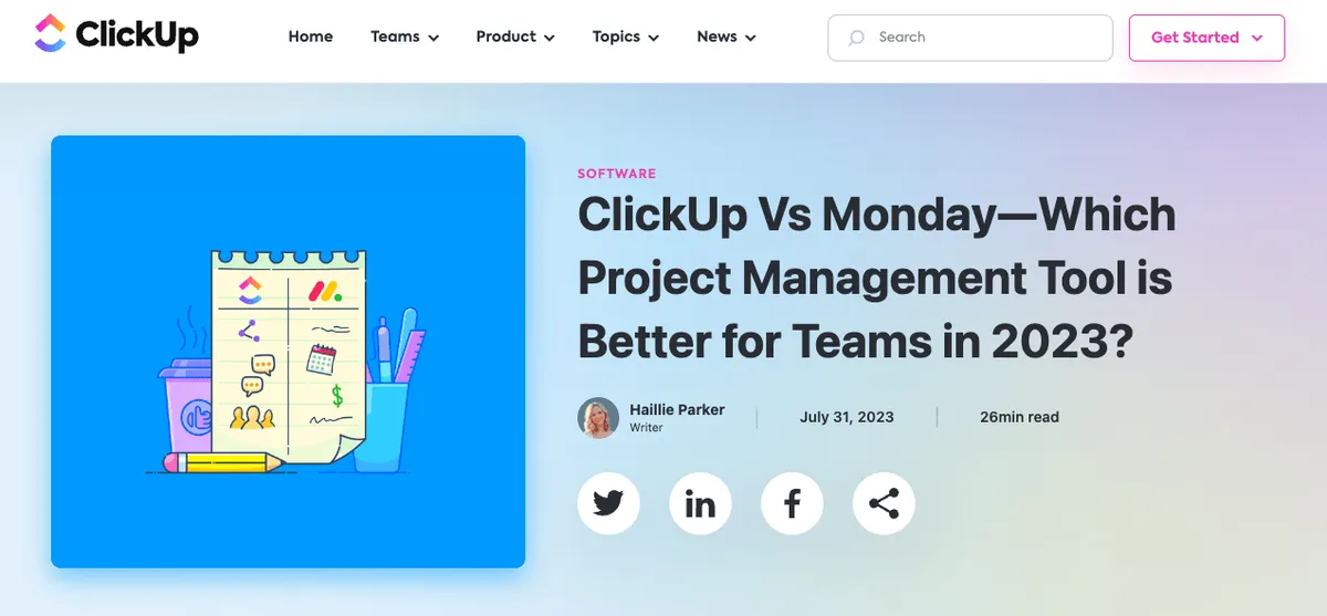 blog post by ClickUp that mentions their brand and their top competitor Monday