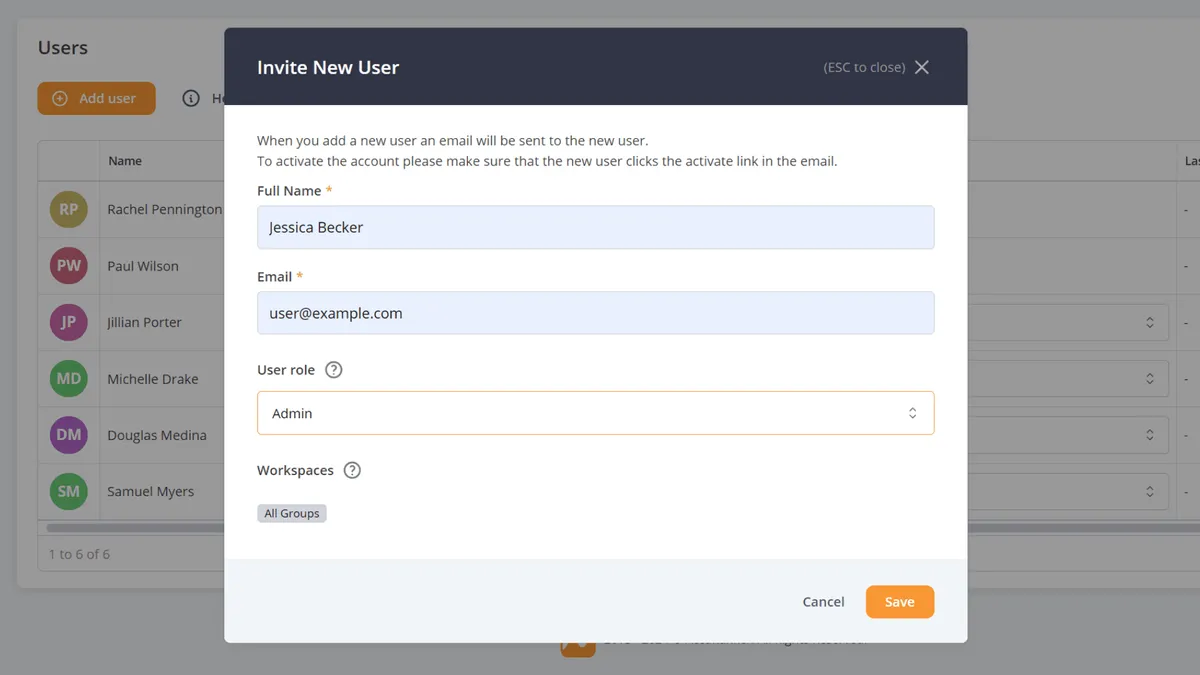 Screenshot showing the "Invite New User" modal