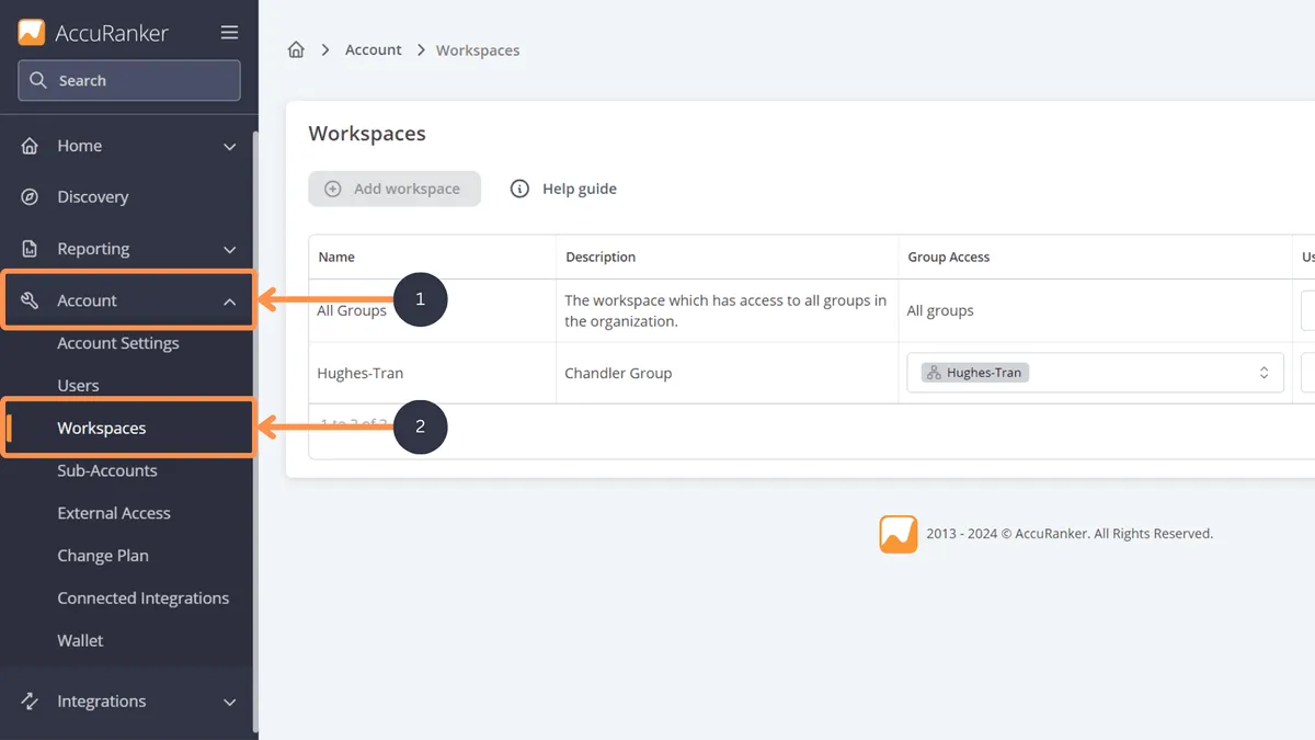 Screenshot showing the menu location of the workspaces entry in the main menu