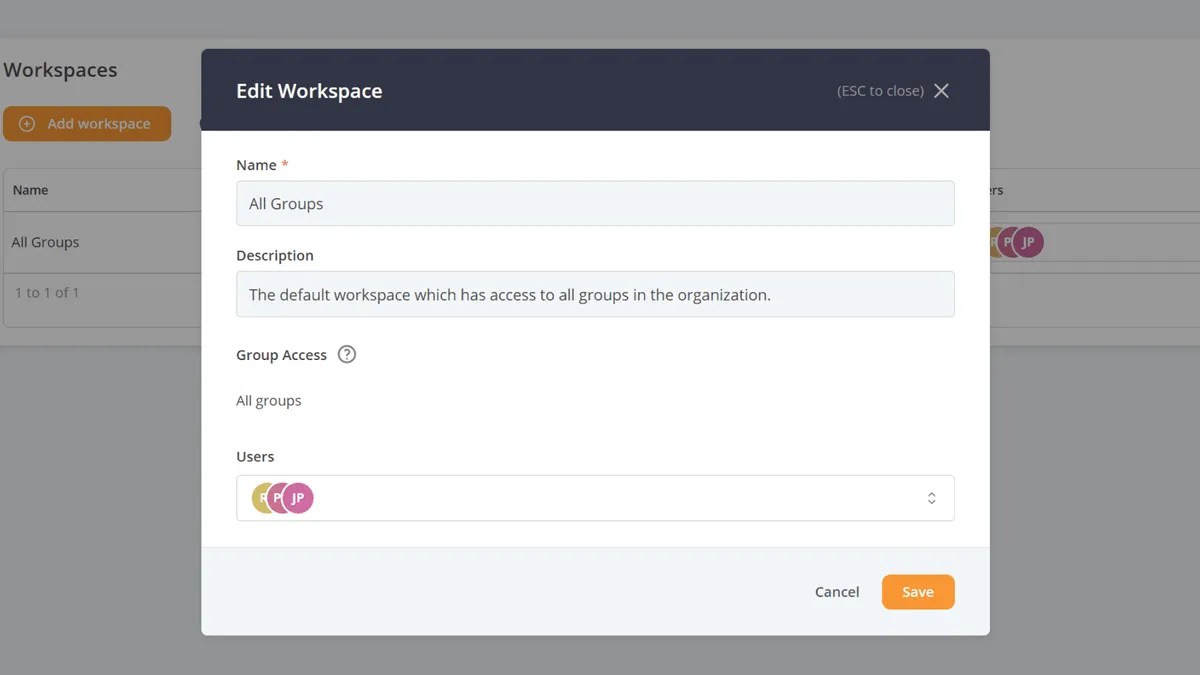 Screenshot of the "Edit Workspace" modal